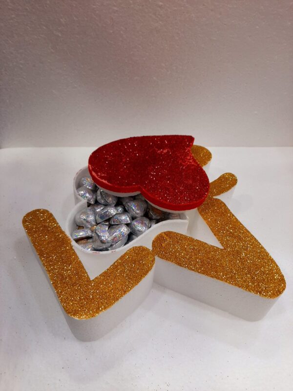 SCRITTA  LOVE SAN VALENTINO CON CUORE CONTENITORE IN POLISTIOLO GLITTERATO DISPONIBILE ORO E ARGENTO - immagine 2