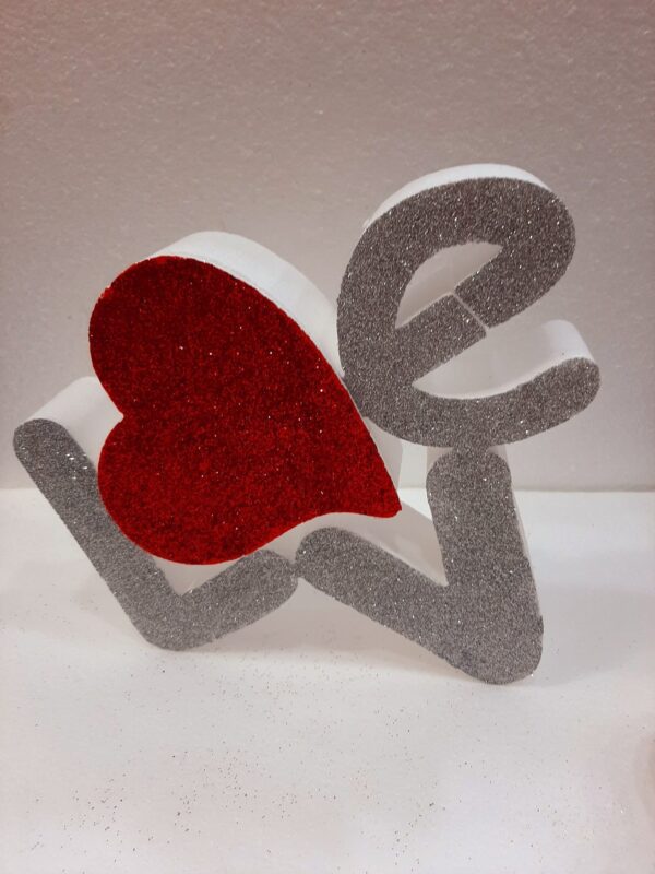 SCRITTA  LOVE SAN VALENTINO CON CUORE CONTENITORE IN POLISTIOLO GLITTERATO DISPONIBILE ORO E ARGENTO - immagine 4