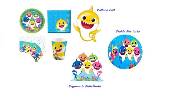 KIT 8 OSPITI BABY SHARK CON CIALDA PER TORTA ,PALLONE FOIL,SAGOMA IN POLISTIROLO  E 8 MASCHERINE
