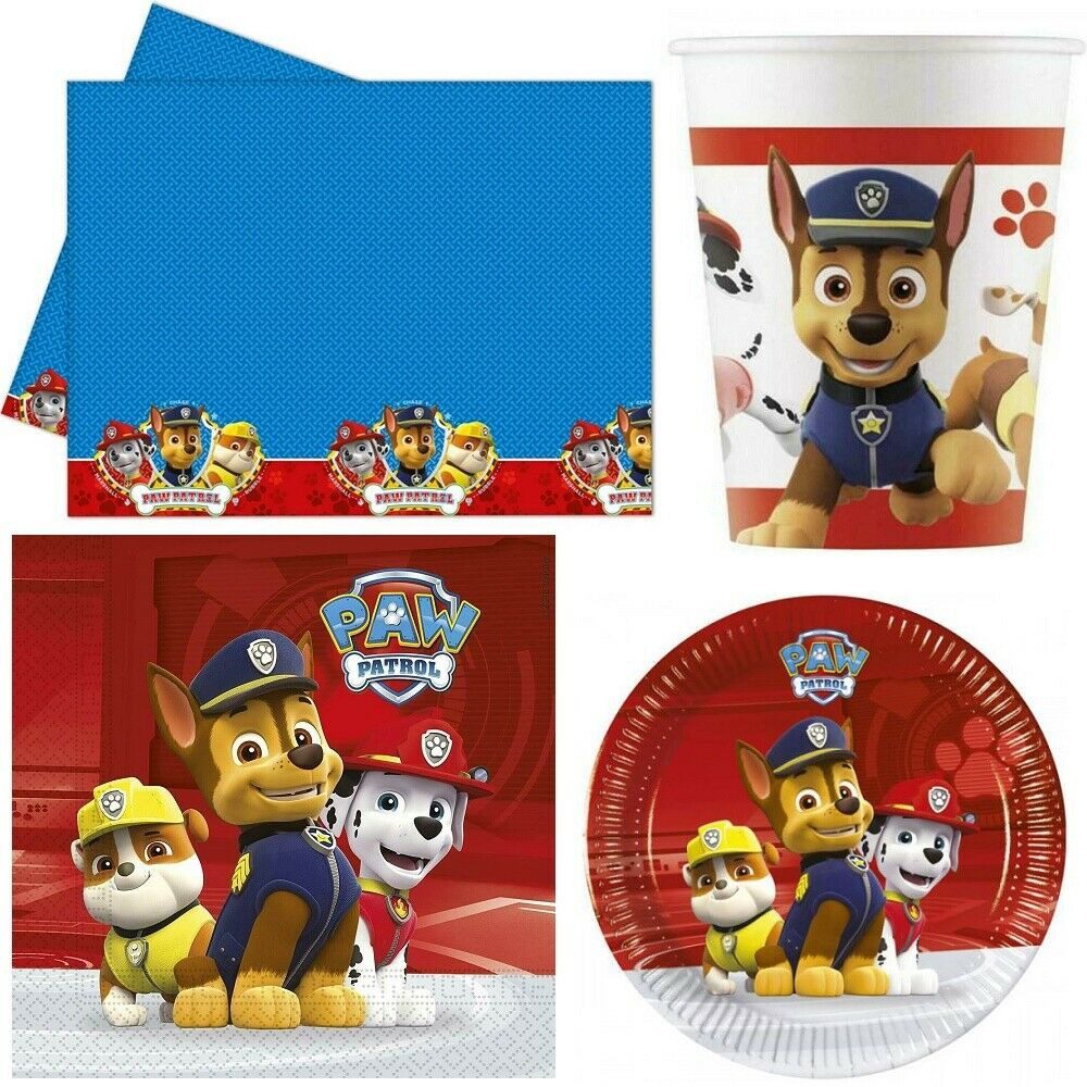 KIT 16 OSPITI PAW PATROL COMPLEANNO BAMBINO SET ADDOBBI PARTY FESTA  DECORAZIONE (16PIATTI,16BICCHIERI,20TOVAGLIOLI,1TOVAGLIA)