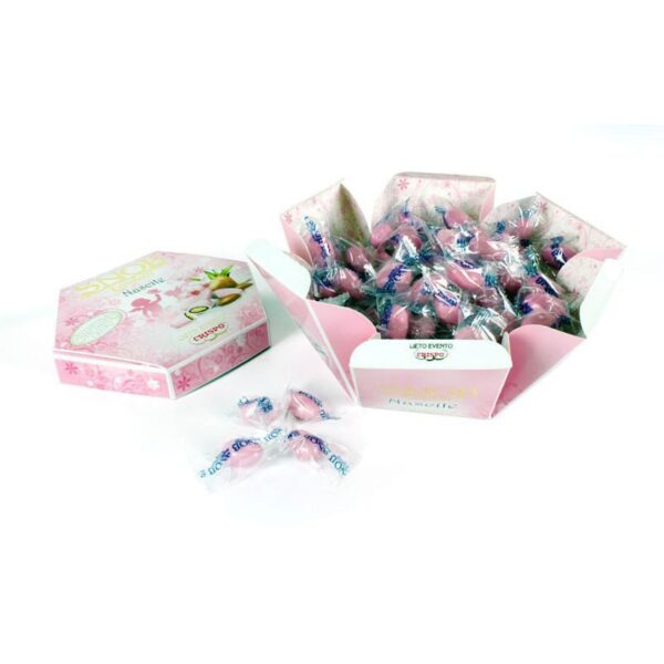 CONFETTI CRISPO SNOB NASCITA LIETO EVENTO ROSA INCARTATI SINGOLARMENTE MANDORLA CONFEZIONE DA 500 GR. BOMBONIERE - immagine 2