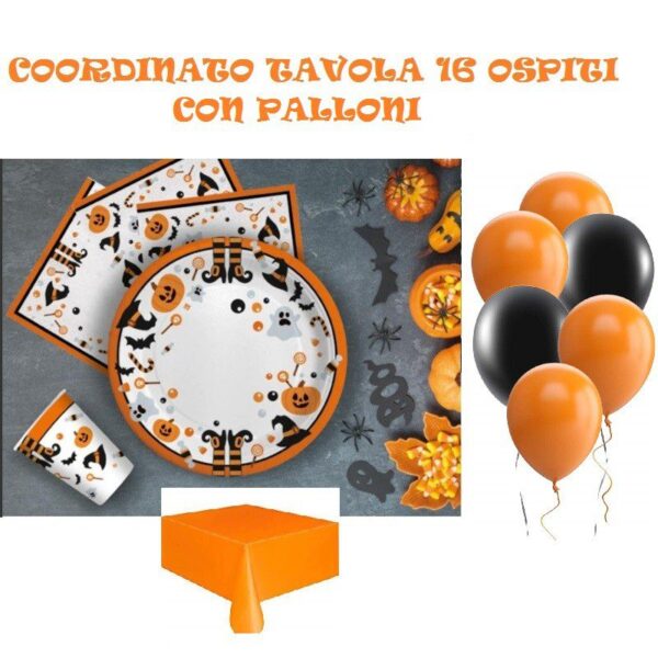 COORDINATO TAVOLA HALLOWEEN 16 OSPITI CON PALLONI(16 PIATTI,16 BICCHIERI,20 TOVAGLIOLI,1 TOVAGLIA,10 PALLONI)