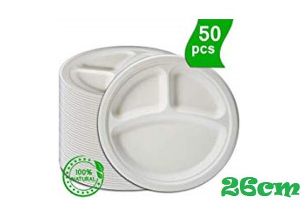 Piatto rotondo in polpa di cellulosa diam. 26 cm 3 Scompartimenti- 50 pz Biodegradabile compostabile