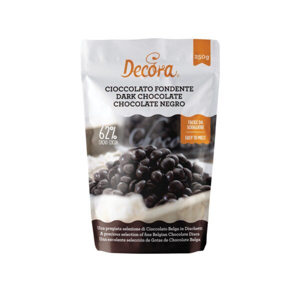 CIOCCOLATO FONDENTE 62% IN DISCHETTI DECORA 250 GR