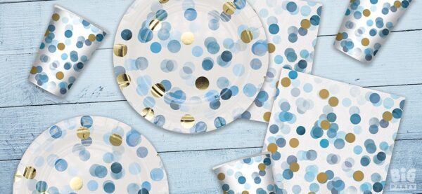 KIT 16 OSPITI POIS CHIC CELESTE ORO COORDINATO TAVOLA (16 PIATTI, 16 BICCHIERI,20 TOVAGLIOLI) CORIANDOLI - immagine 2