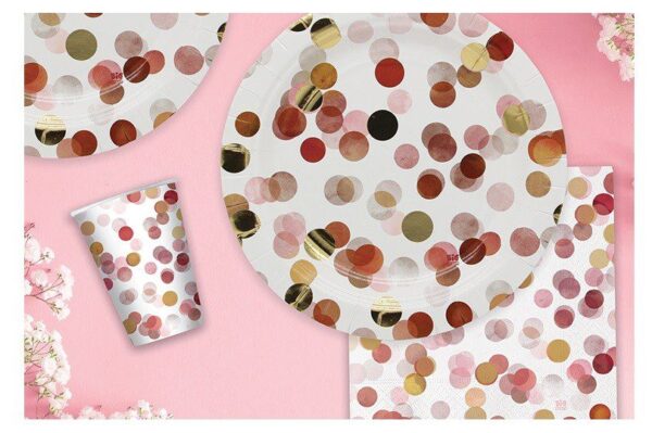 KIT 16 OSPITI POIS CHIC ROSA GOLD ORO COORDINATO TAVOLA (16 PIATTI, 16 BICCHIERI,20 TOVAGLIOLI) CORIANDOLI - immagine 2