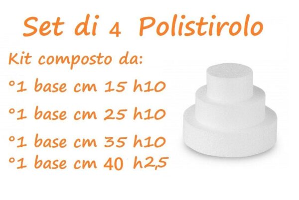 Set da 4 Basi di Polistirolo per Torte con Vassoio Tondo Altezza 10 cm(15 cm h10 - 25 cm h10 -  35 cm h10-  40 cm h 2,5)