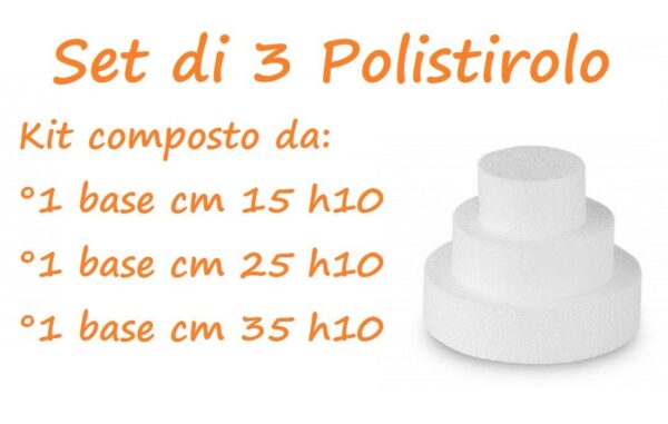 Set da 3 Basi di Polistirolo per Torte Tondo Altezza 10 cm(15 cm h10 - 25 cm h10 -  35 cm h10)