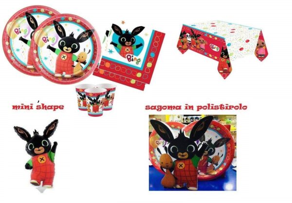 KIT FESTA BING 8 PIATTI,8 BICCHIERI,16 TOVAGLIOLI,1 TOVAGLIA,1 SAGOMA IN POLISTIROLO,1 FESTONE,1 MINI SHAPE BING  15 INVITI - immagine 2