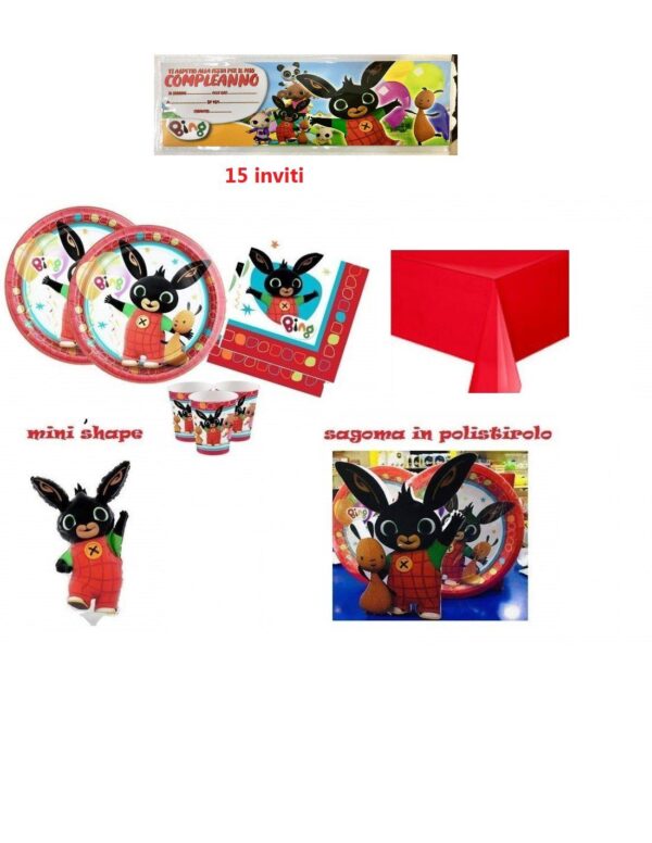 KIT FESTA BING 8 PIATTI,8 BICCHIERI,16 TOVAGLIOLI,1 TOVAGLIA,1 SAGOMA IN POLISTIROLO,1 FESTONE,1 MINI SHAPE BING  15 INVITI