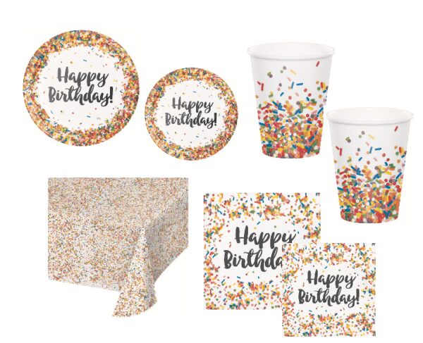 KIT 16 OSPITI SPRINKLES CODETTE COORDINATO TAVOLA (16 PIATTI,16 TOVAGLIOLI,16 BICCHIERI,1 TOVAGLIA)