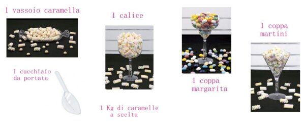 KIT  4 COPPE   PER CARAMELLATA CON 1 KG DI CARAMELLE E 1 CUCCHIAIO DA PORTATA