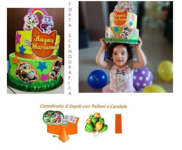 KIT 44 GATTI CON  TORTA SCENOGRAFICA E COORDINATO TAVOLA  8 OSPITI CON CANDELA E PALLONCINI