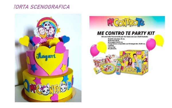 Kit Party Me Contro Te Festa Compleanno Coordinato Tavola con tovaglia e torta scenografica a 2 piani