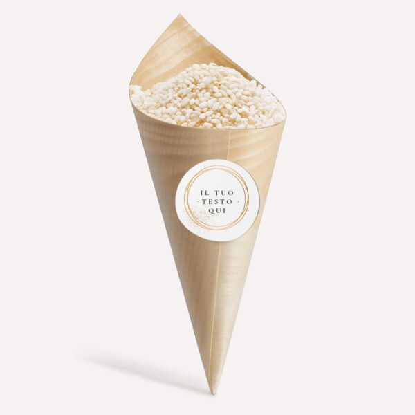 KIT 1 KG  RISO BIANCO PER SPOSI ANTIMACCHIA  CON 16 CONETTI IN BAMBU' E BOLLINO PERSONALIZZATO