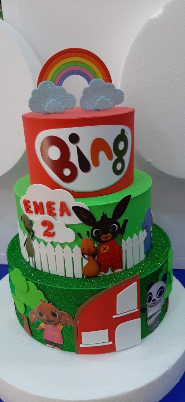 KIT TORTA SCENOGRAFICA PER COMPLEANNO  BING 3 PIANI CON 20 LECCA LECCA CON BOLLINO E BASE PERSONALIZZATI - immagine 3