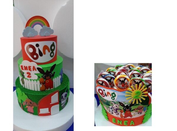 KIT TORTA SCENOGRAFICA PER COMPLEANNO  BING 3 PIANI CON 20 LECCA LECCA CON BOLLINO E BASE PERSONALIZZATI