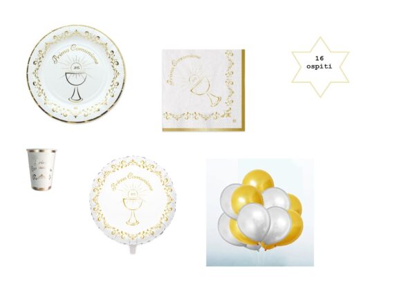 Kit 16 Ospiti Coordinato Tavola Comunione con pallone Mylar e palloncini in lattice
