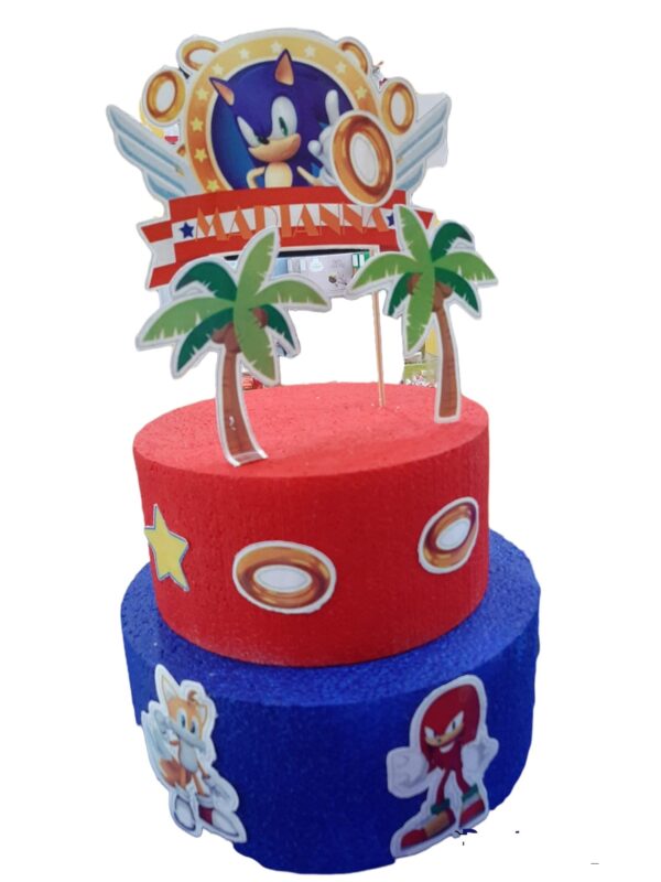 TORTA SCENOGRAFICA  TEMA SONIC CON TOPPER PERSONALIZZATO IN POLISTIROLO COLORATO 2 PIANI - immagine 2