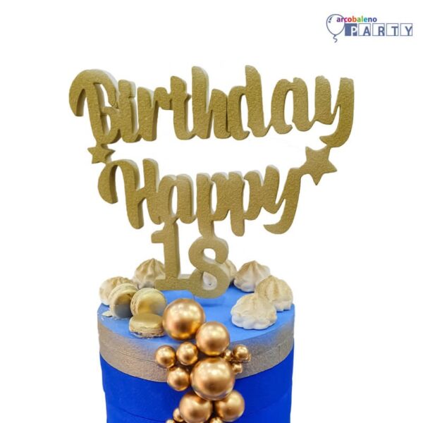 CAKE TOPPER IN POLISTIRENE COLORATO ORO HAPPY BIRTDAY 18 PERSONALIZZATO