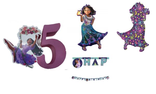 KIT  SAGOMA  IN POLISTIROLO ISABEL DI ENCANTO  CON NUMERO PEROSNALIZZATO ,PALLONE SAGOMA MIRABEL FESTONE HAPPY BIRTHDAY - immagine 5