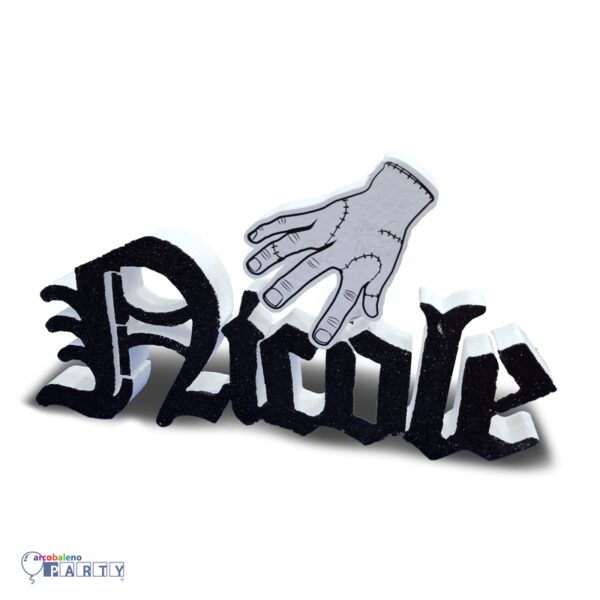 SAGOMA IN POLISTIROLO MANO MERCOLEDÌ ADDAMS CON NOME PERSONALIZZATO GLITTERATO