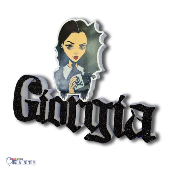 CAKE TOPPER IN POLISTIROLO MERCOLEDÌ ADDAMS CON NOME PERSONALIZZATO GLITTERATO
