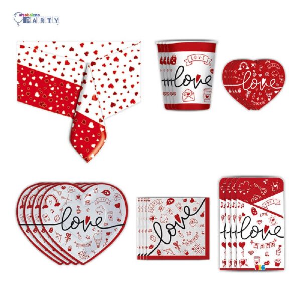 KIT 6 OSPITI COORDINATO TAVOLA LOVE SAN VALENTINO CON PORTAPOSATE SOTTOBICCHIERI E TOVAGLIA