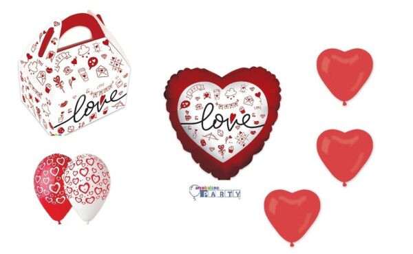 KIT DE LUXE SAN VALENTINO CON  20  PALLONCINI IN LATTICE BOX SCATOLE CONTENITORI E PALLONE IN MYLAR