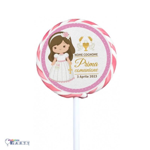 10 Lecca Lecca Comunione Girandola Colore Rosa gr 50 con bollino Personalizzato Nome e Data Evento