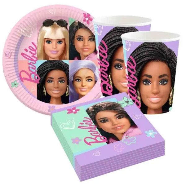 Kit 32 ospiti coordinato tavola Barbie Fashion con tovaglia (32 piatti,32 bicchieri, 32 tovaglioli, 1 tovaglia) - immagine 2