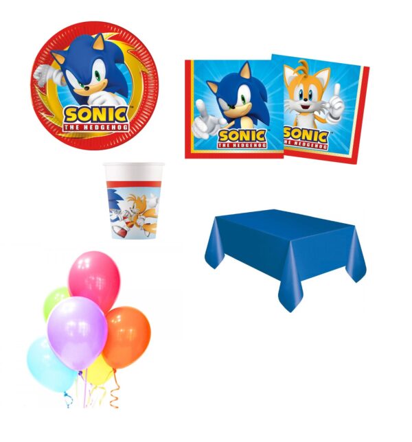 Kit 16 ospiti Sonic con tovaglia (16 piatti,16 bicchieri,20 tovaglioli ,1 tovaglia blu,5 palloncini in lattice) - immagine 5