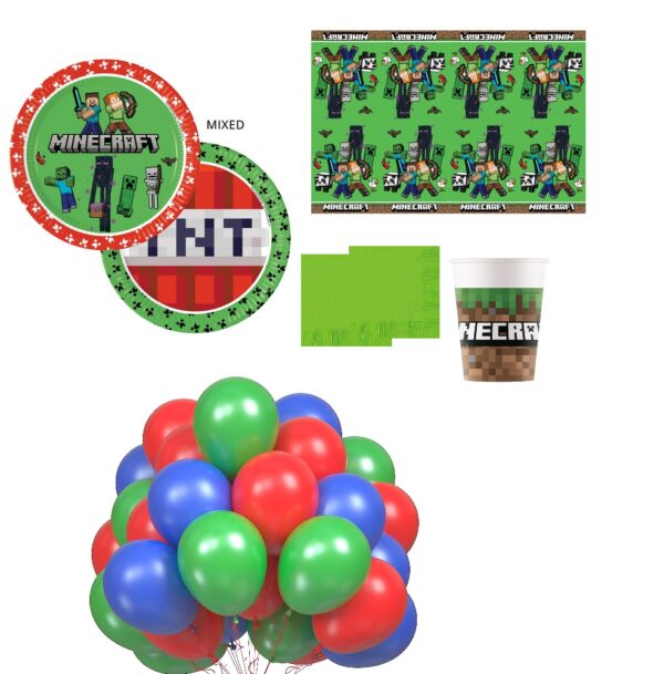 kit 24 Ospiti Coordinato tavola Mine Craftcon tovaglia a temae 10 palloncini colori assortiti - immagine 5