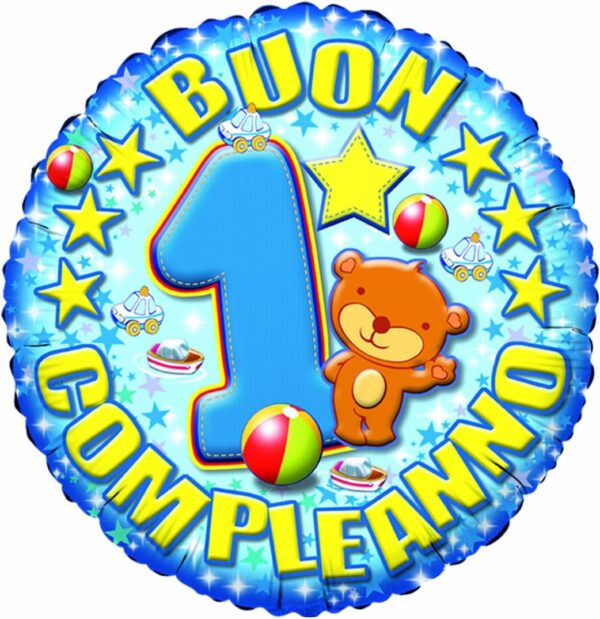 PALLONCINO MYLAR - FOIL "1° COMPLEANNO" CELESTE ORSETTO - 45cm