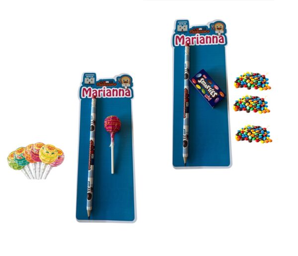 10 Matite con Nome  personalizzato Il Barbiere Pasticciere  con Chupa Chups  o con Mini Smarties gadgets di fine festa modello a scelta
