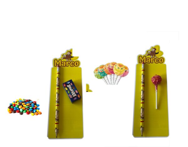 10 Matite con Nome  personalizzato Curioso Come George con Chupa Chups  o con Mini Smarties gadgets di fine festa modello a scelta